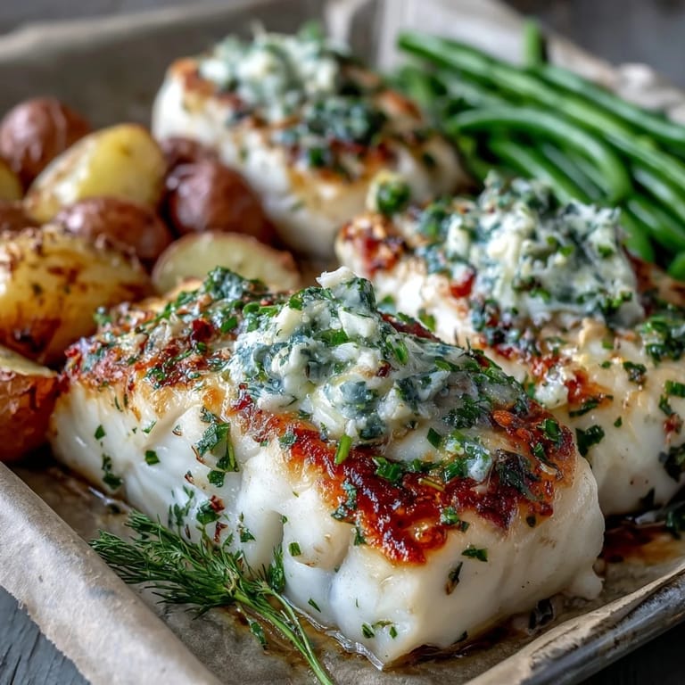 Saftige Lachsfilets mit Kräuter-Butter, grünen Bohnen und goldbraunen Baby-Kartoffeln, serviert zum Abendessen.