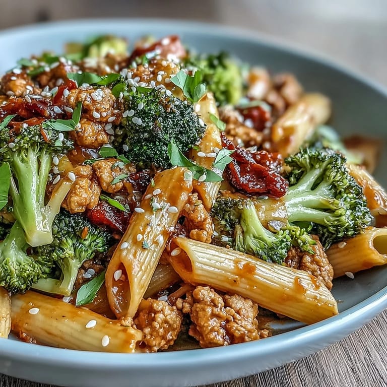 Am Teller servierter Sweet & Spicy Turkey Broccoli Pasta mit Kräutergarnitur für das Abendessen