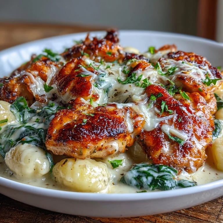 Saftige Hähnchenschenkel ruhen auf Kissen aus Gnocchi, frischem Spinat und einer würzigen Knoblauch-Sahne-Sauce