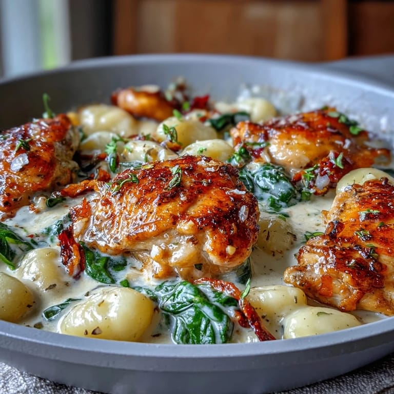 Einfaches One-Pan-Gericht mit goldbraunen Hähnchenschenkeln, Gnocchi und geschmolzenem Parmesan im Ofen gebacken