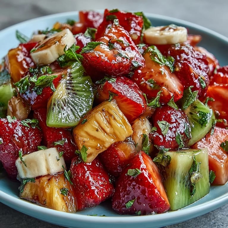 2. Saftige Ananas, Mango und Papaya mit Minzlimettendressing in einer Schüssel – ein leichtes, veganes Dessert.  