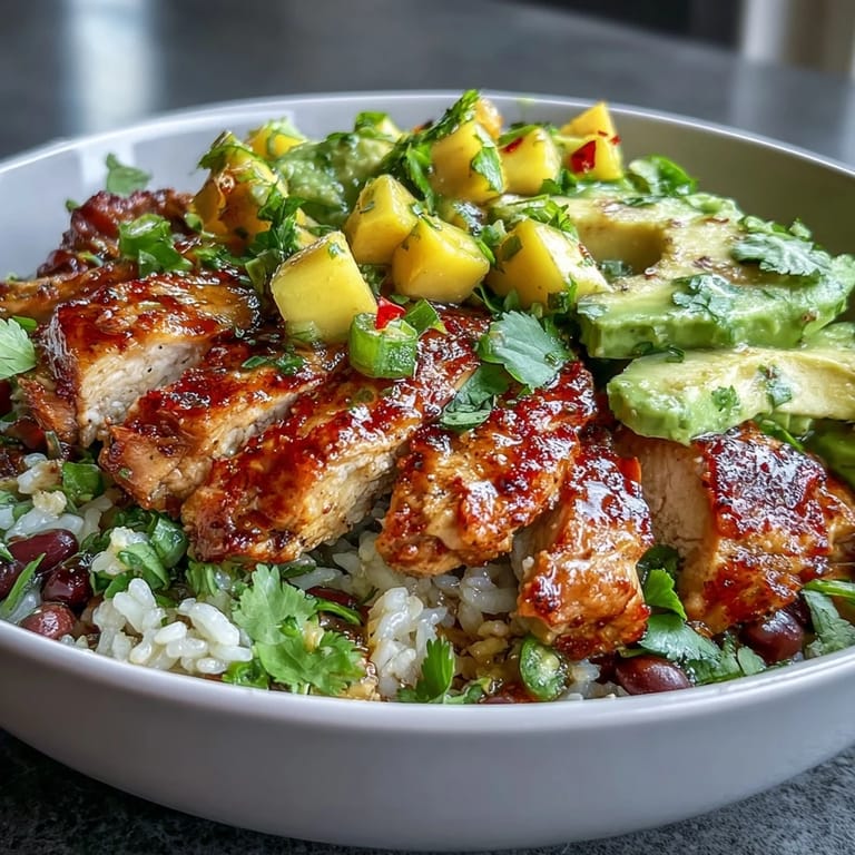 2. Saftige gegrillte Hähnchenbrust über braunem Reis, schwarzen Bohnen und würziger Mango-Avocado-Salsa in einer bunten Schüssel.