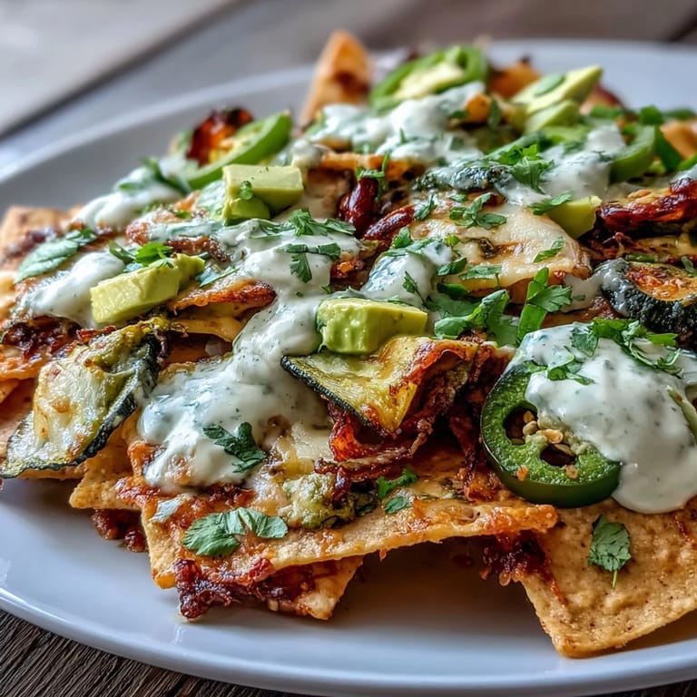 Knusprige Tortilla-Chips mit gegrilltem Gemüse, frischer Salsa Verde und selbstgemachtem Cashew-Queso für ein geschmackvolles veganes Nacho-Erlebnis.