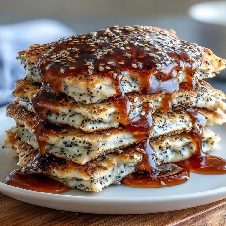 Luftige Pfannkuchen mit schwarzen Sesamsamen und süßer Honig-Note, perfekt für ein asiatisch inspiriertes Frühstück.  