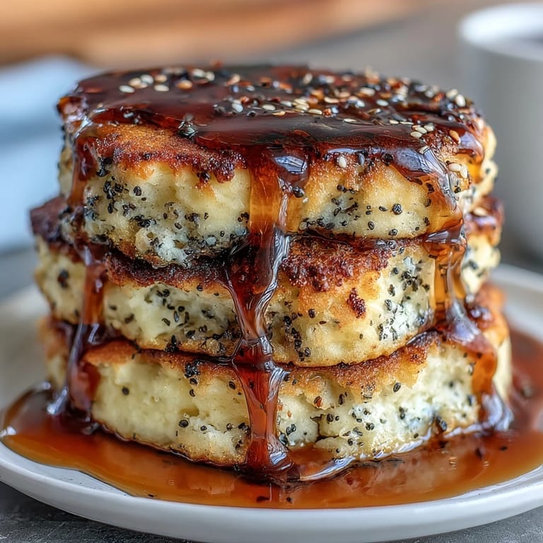 Duftende Pfannkuchen mit schwarzem Sesam und Ahornsirup, garniert mit frischen Beeren und gerösteten Sesamsamen.