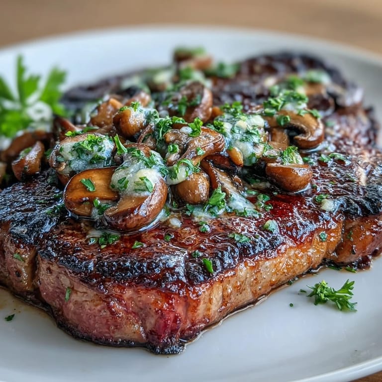 2. Reichhaltiges Steak mit einer knusprigen Kruste aus Wildpilzen und Knoblauchbutter, serviert mit frischer Petersilie und Zitronenspalten für ein raffiniertes Geschmackserlebnis.