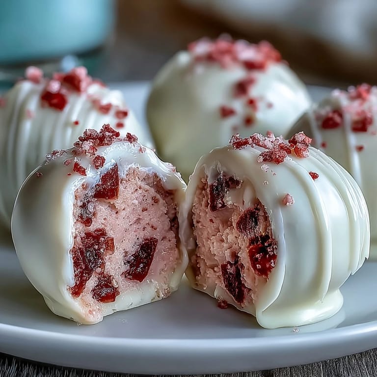 Zarte Erdbeer-Trüffel in glänzender weißer Schokolade – perfekt für einen süßen Moment zu zweit.