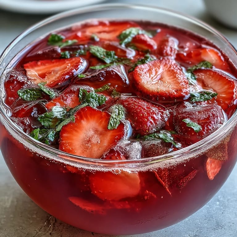 2. Erfrischender Galentines Pink Lemonade Strawberry Punch mit Minze, ganzen Erdbeeren und Zitronenspalten garniert.  