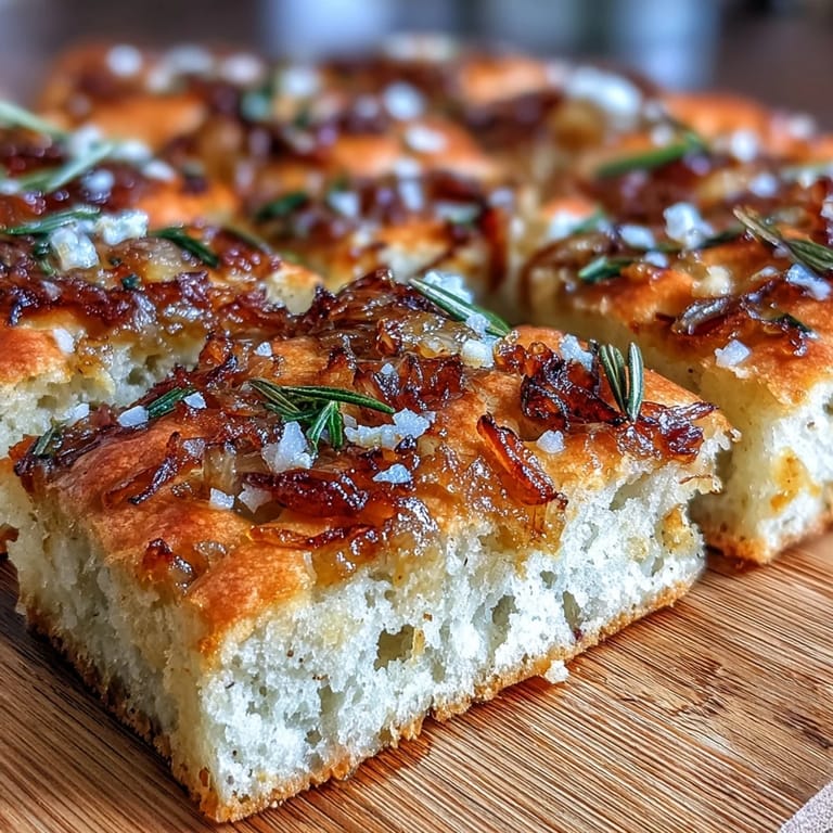 3. Duftende Focaccia aus Sauerteig, belegt mit zarten Zwiebeln und einer Prise Olivenöl, ideal als Beilage.