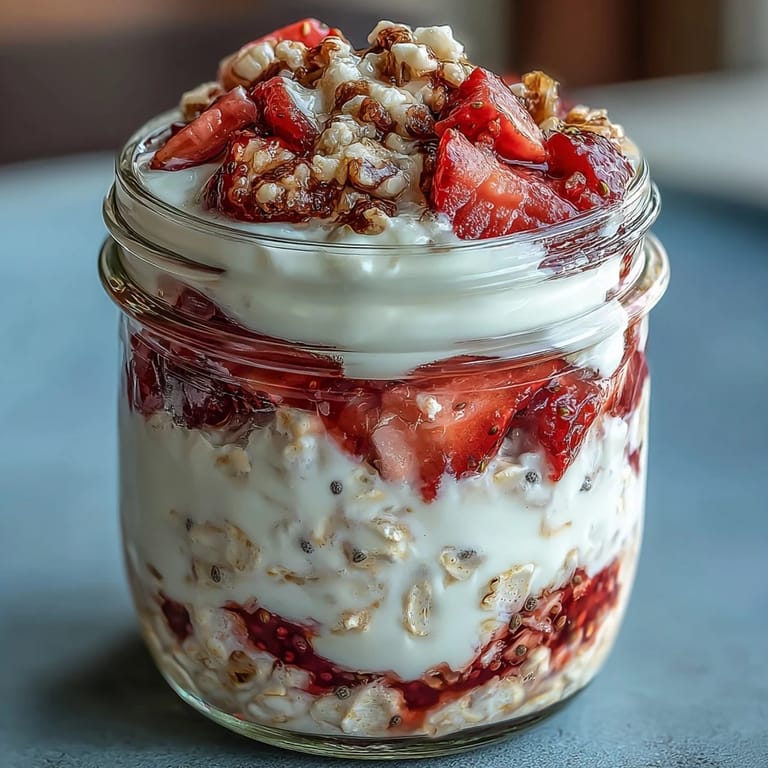 2. Schichtweise Erdbeer-Cheesecake-Overnight-Oats in Gläsern, mit frischen Beeren und cremiger Joghurt-Mischung.  