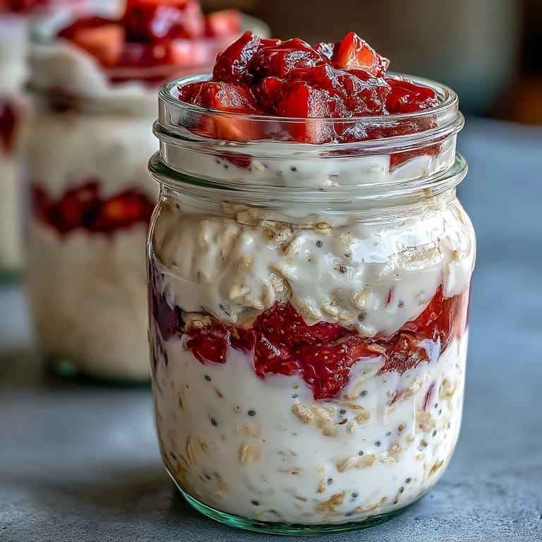 3. Bunter Frühstücksgenuss: Erdbeer-Cheesecake-Oats mit knackigen Graham-Cracker-Stückchen in hübschen Gläsern.