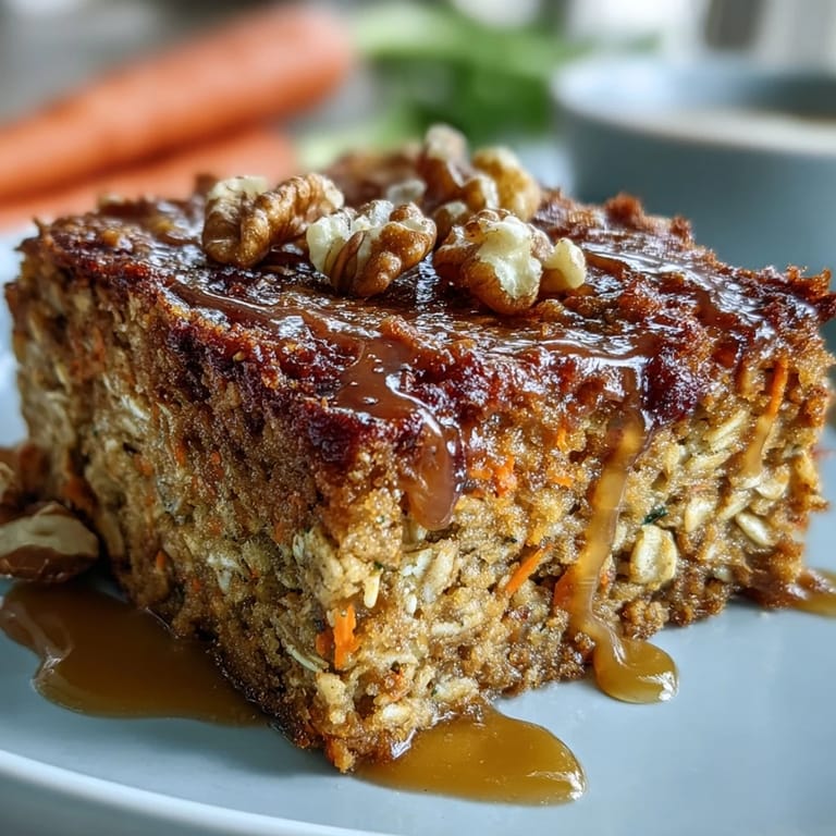 Goldene gebackene Haferflocken-Quadrate, inspiriert vom klassischen Karottenkuchen, mit Zimt und Muskatnuss verfeinert.  