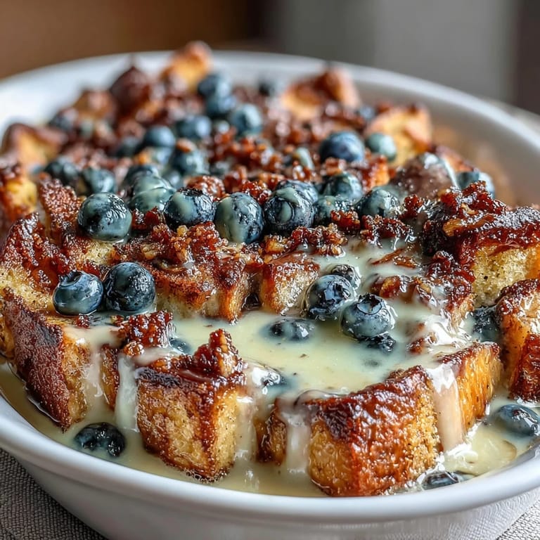 Duftender Blueberry-Sourdough-French-Toast-Auflauf, gebacken bis zur perfekten Bräunung.