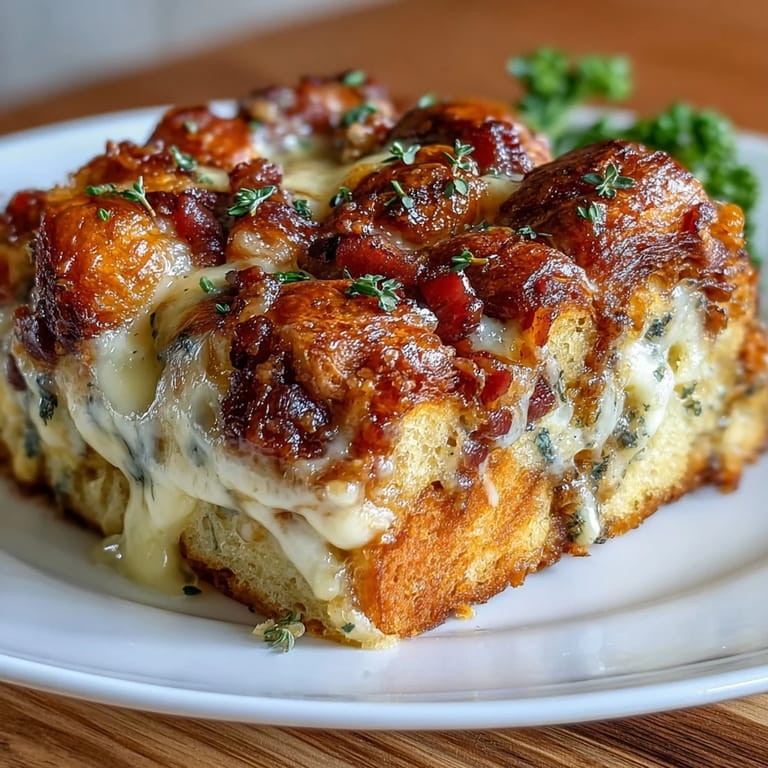 3. Warme Ham and Cheese Croissant Bake Casserole mit knusprigen Croissant-Rändern, zartem Schinken und einer goldgelben Käsekruste.