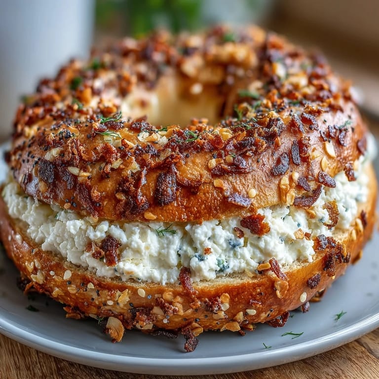 Goldbraune Everything Seasoning Protein Bagels mit herzhaftem Topping, ideal für eine schnelle, gesunde Mahlzeit.