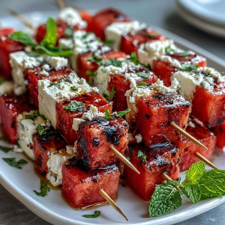2. Erfrischende Wassermelonen-Feta-Minze-Spieße, mit Balsamico-Glasur beträufelt und ideal für Sommerfeiern.  
