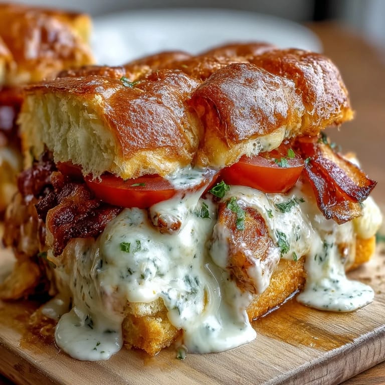Nahaufnahme von Kentucky Derby Hot Brown Sliders mit glänzender Käsesauce.