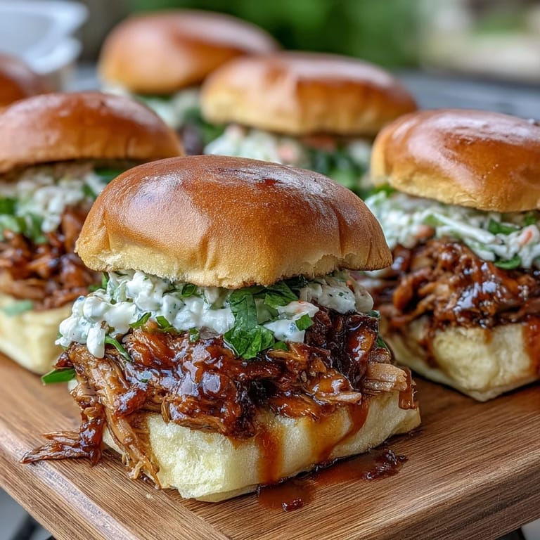 Saftige Pulled Pork Sliders auf weichen Brötchen, garniert mit frischem Krautsalat und BBQ-Sauce.