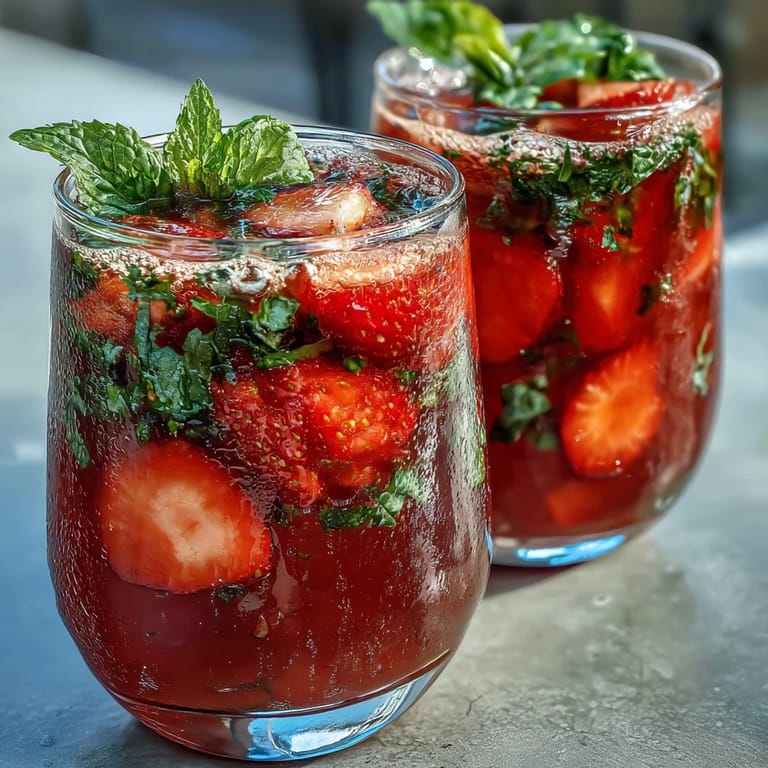Ein farbenfroher Erdbeer-Minz-Mocktail-Pitcher, perfekt für erfrischende Frühlingspartys.
