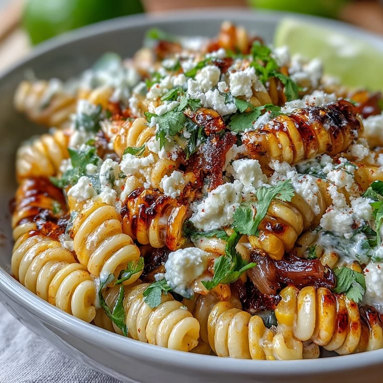 Pasta-Salat mit gebratenem Mais, frischer Limette, Cotija-Käse und Chili für einen würzigen Geschmack.  