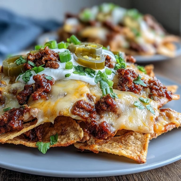 Beladene Baseball-Nachos mit Jalapeños und Käsesauce – knusprige Tortilla-Chips mit saftigem Rindfleisch, cremiger Käsesauce und frischen Toppings.