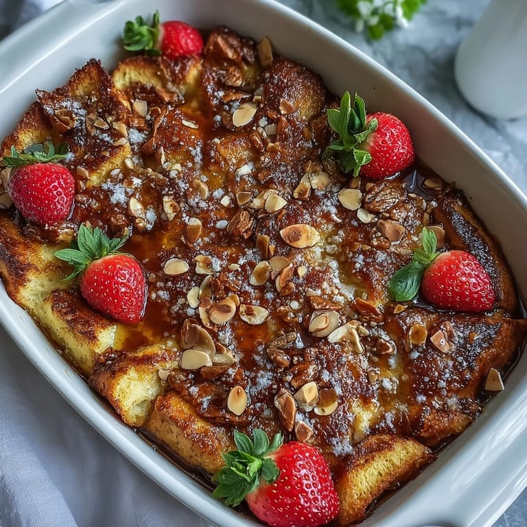 Goldbrauner Erdbeer-Toast-Auflauf mit fluffiger Brioche und süßer Vanille-Creme