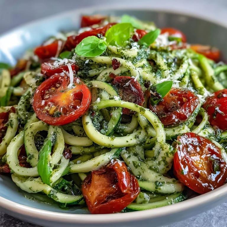 Farbenfrohe Zucchini-Nudeln mit hausgemachtem Pesto, Kirschtomaten und Basilikum in einer Schüssel angerichtet.