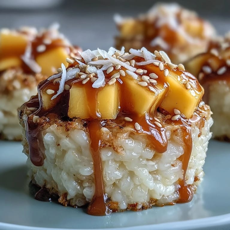 Leckere Mango Sticky Rice Tassen mit üppiger Kokosnuss-Note angerichtet.
