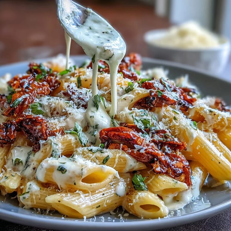 Herzhafte Marry Me Pasta mit sonnengetrockneten Tomaten, reichhaltig und einladend serviert.