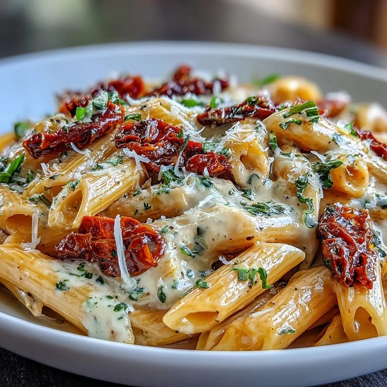 Sonnengetrocknete Tomaten Marry Me Pasta: luxuriöses Gericht für besondere Momente, garniert.