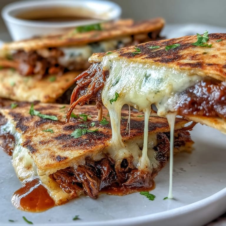 Goldbraune Birria Quesadillas, berühmt gemacht durch ein reiches Consommé-Dip.