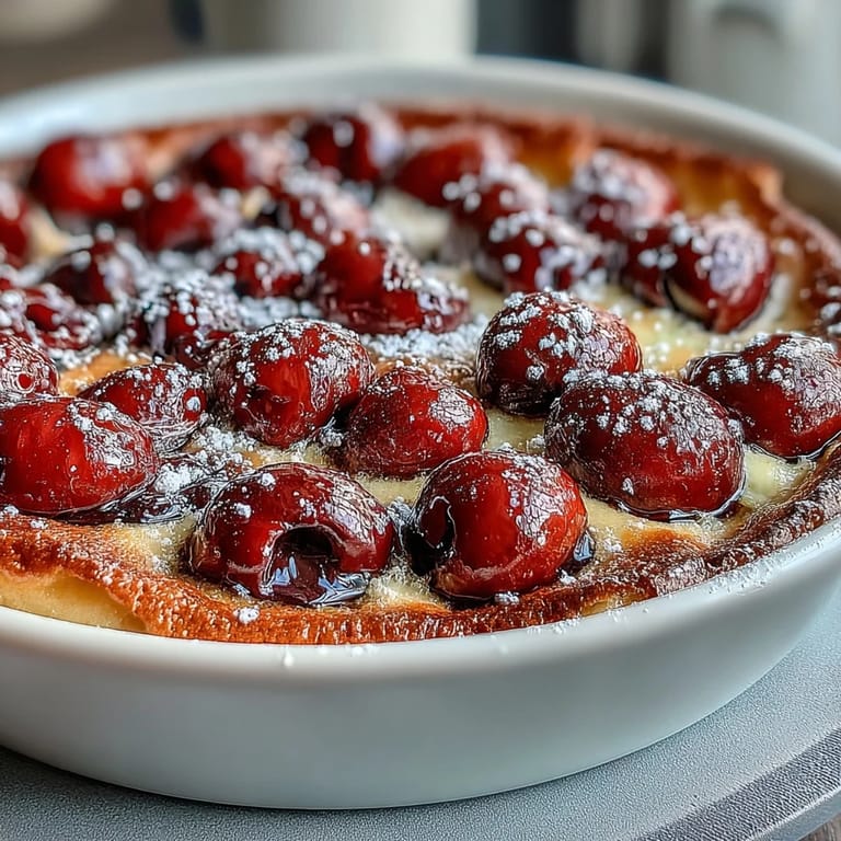 Luftiger Kirsch-Clafoutis mit einem Hauch von Vanille, verlockend goldbraun und warm serviert.