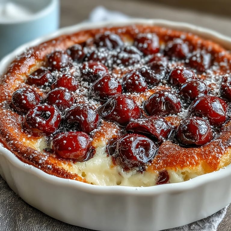 Saftiger, frisch gebackener Kirsch-Clafoutis mit süßen Kirschen und zarter Vanille-Creme.