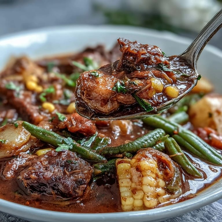 Einladender, dampfender Kentucky Derby Burgoo Eintopf, serviert mit Brot.