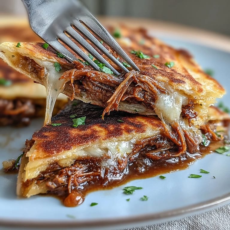 Festliche Birria Quesadillas mit geschmortem Rindfleisch und würzigem Brühe-Dip.