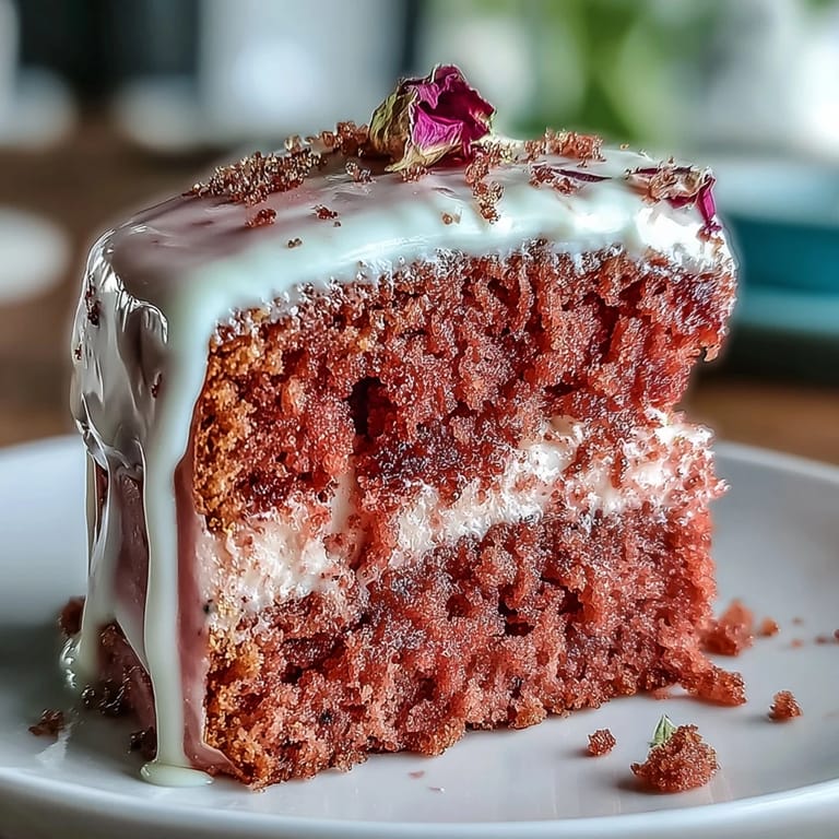 Präsentiert: Rosé Samtkuchen mit schimmerndem Goldtropfen für besondere Anlässe.