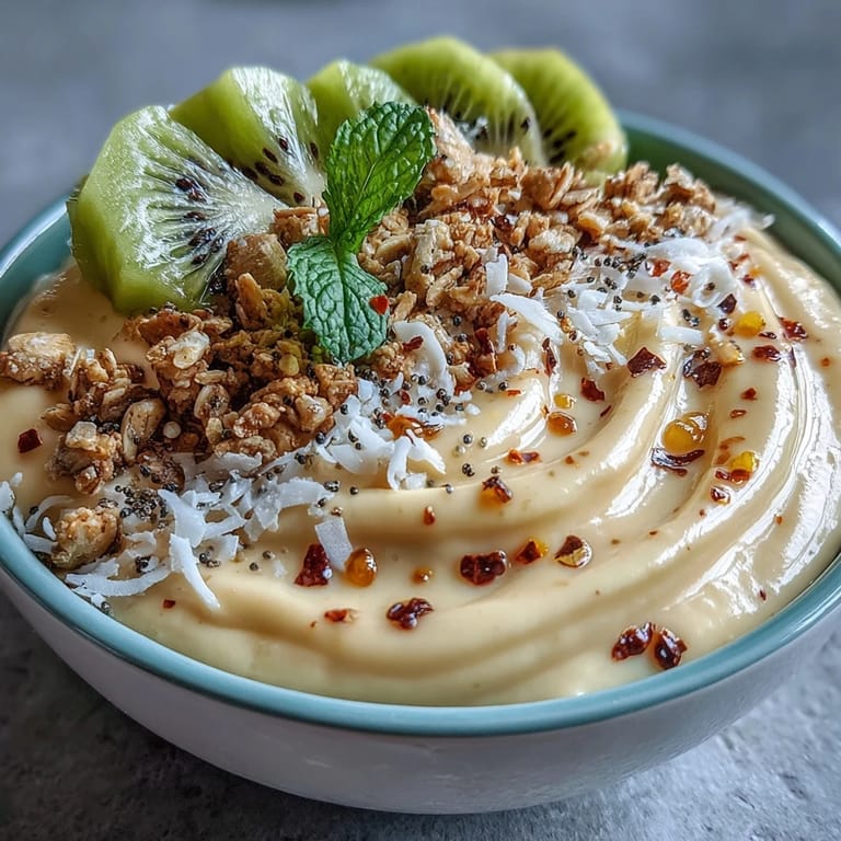Cremige Mango Chili Lime Smoothie Bowl, garniert mit frischen Früchten und Granola.