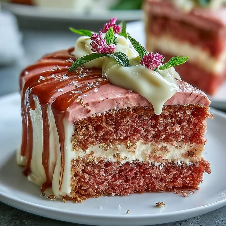 Festlicher Rosé Velvet Kuchen mit Glanz-Gold-Tröpfchen, perfekt für Feiern.