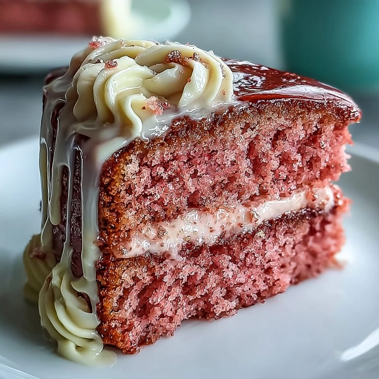 Festlicher Rosé-Samtkuchen mit elegantem Goldtropfen, perfekt für Feiern.
