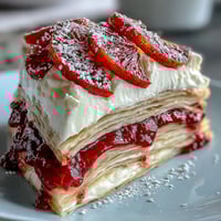 Ein gestapeltes Blut-Orange-Curd-Crêpe-Cake auf einem Teller, garniert mit Orangenscheiben und Zitronenzesten.