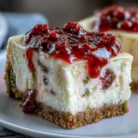Lush slices of Indulgent White Chocolate Raspberry Cheesecake Bliss with a buttery graham cracker crust and fresh berry garnish.