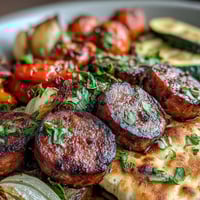Rustikales Smoky Sheet Pan Sausage & Veggies auf Ofenblech mit bunten Paprikastücken und Zucchini, serviert mit warmem Knoblauch-Naan zum Dippen.