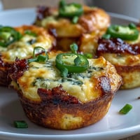 Frische Keto Jalapeño Cheddar Egg Cups aus dem Ofen, goldbraun und leicht geöffnet.