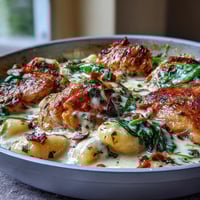 Goldene Oberschenkel und gnocchi in cremiger Knoblauch-Parmesan-Sauce im Ofen-Schmortopf