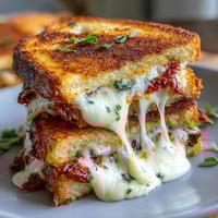 1. Sonnengetrocknete Tomaten-Pesto-Grillkäse-Sandwich mit geschmolzenem Mozzarella auf goldbraunem Toastbrot