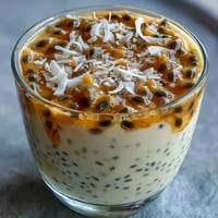 1. Cremige Chia-Pudding mit Passionsfruchtpüree und frischer Kokosnuss, ein erfrischendes Dessert oder leichtes Frühstück.
