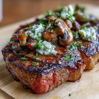 1. Ein saftiges, perfekt angebratenes Steak mit einer köstlichen Wildpilz- und Knoblauchbutterkruste, das erdige Aromen und einen Hauch von Zitrone vereint.