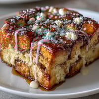 1. Ein festlicher King Cake Overnight French Toast Bake mit goldener Kruste, bunter Glasur und bunten Streuseln, perfekt für ein genussvolles Frühstück.