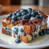 Bunter Blueberry-Sourdough-French-Toast-Auflauf mit goldenen Krusten und saftigem Kern.