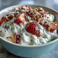 Fluffy Yogurt-Frühstücksschale mit Erdbeeren und knusprigem Granola - ein cremiger Teller mit geschlagenem griechischem Joghurt, frischen Erdbeeren und knusprigem Granola.